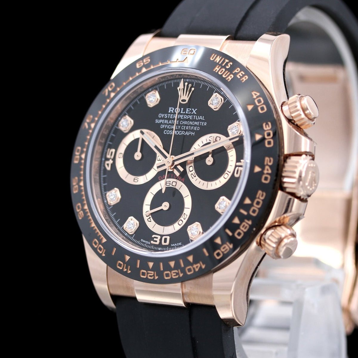 Rolex Daytona, Black Diamond Dial, Rosegold, Oysterflex, Ref. 116515LN, 12-2021, B+P