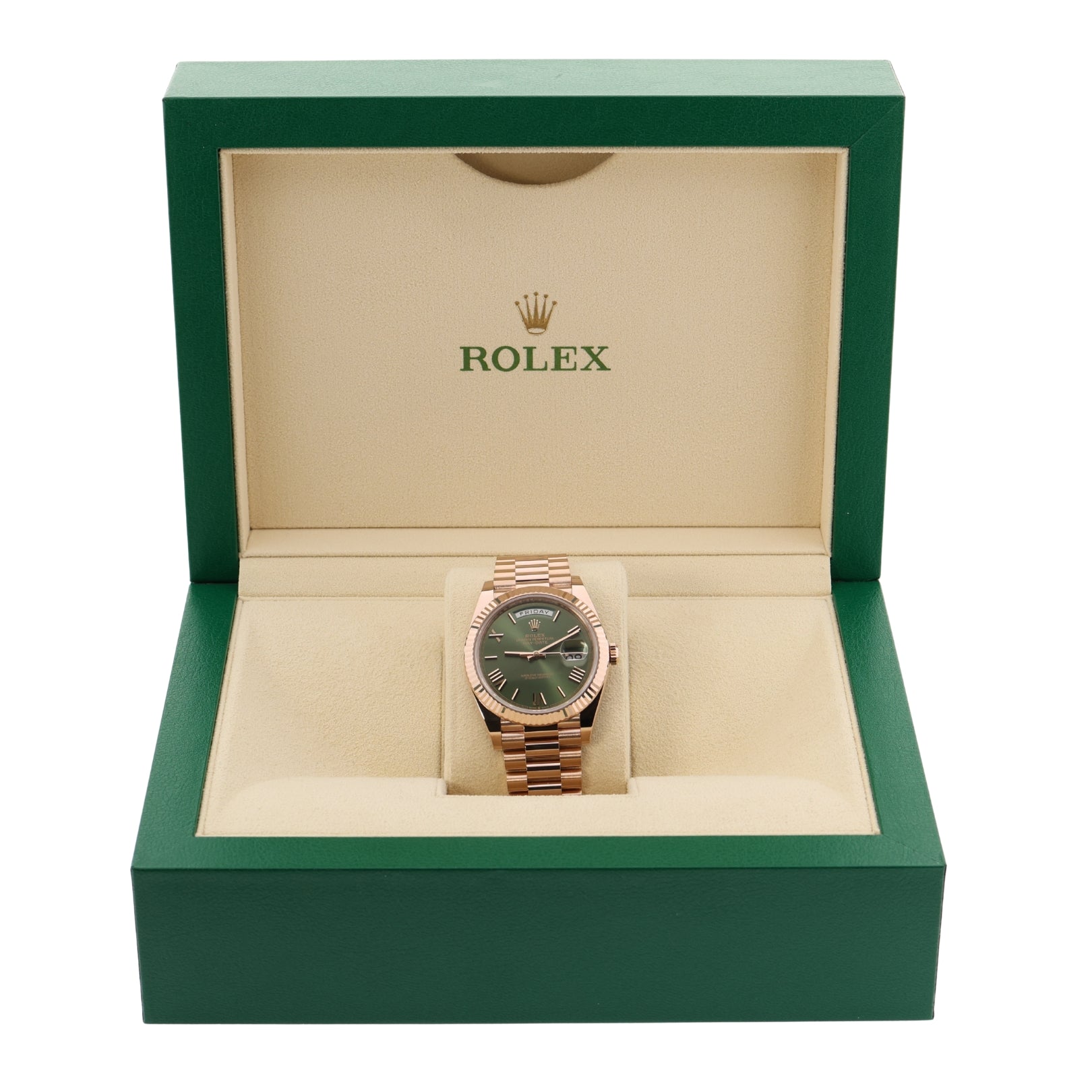Rolex Day-Date 40, Everose Gold, Olive Green Dial, Ref. 228235, 2023, B+P