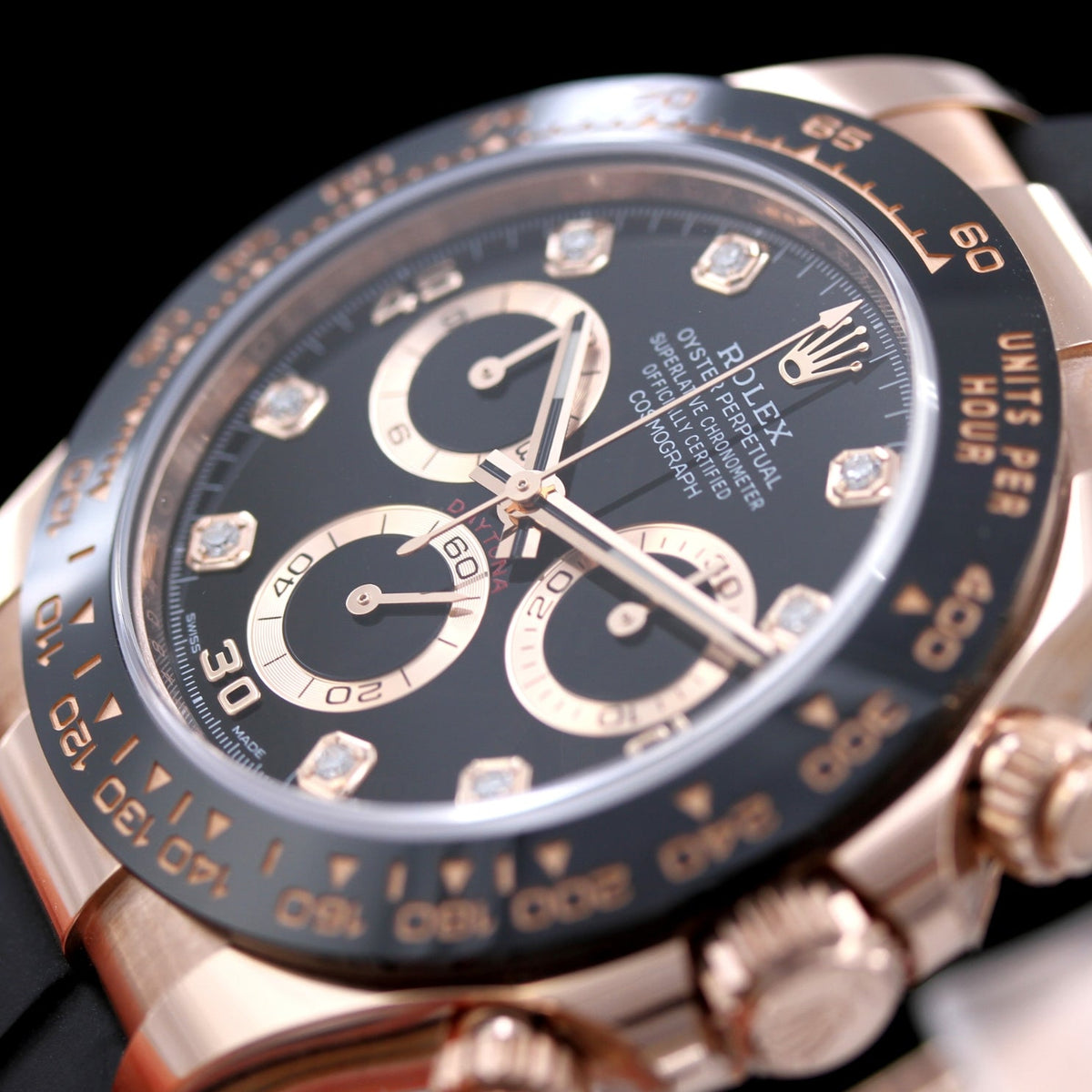Rolex Daytona, Black Diamond Dial, Rosegold, Oysterflex, Ref. 116515LN, 12-2021, B+P