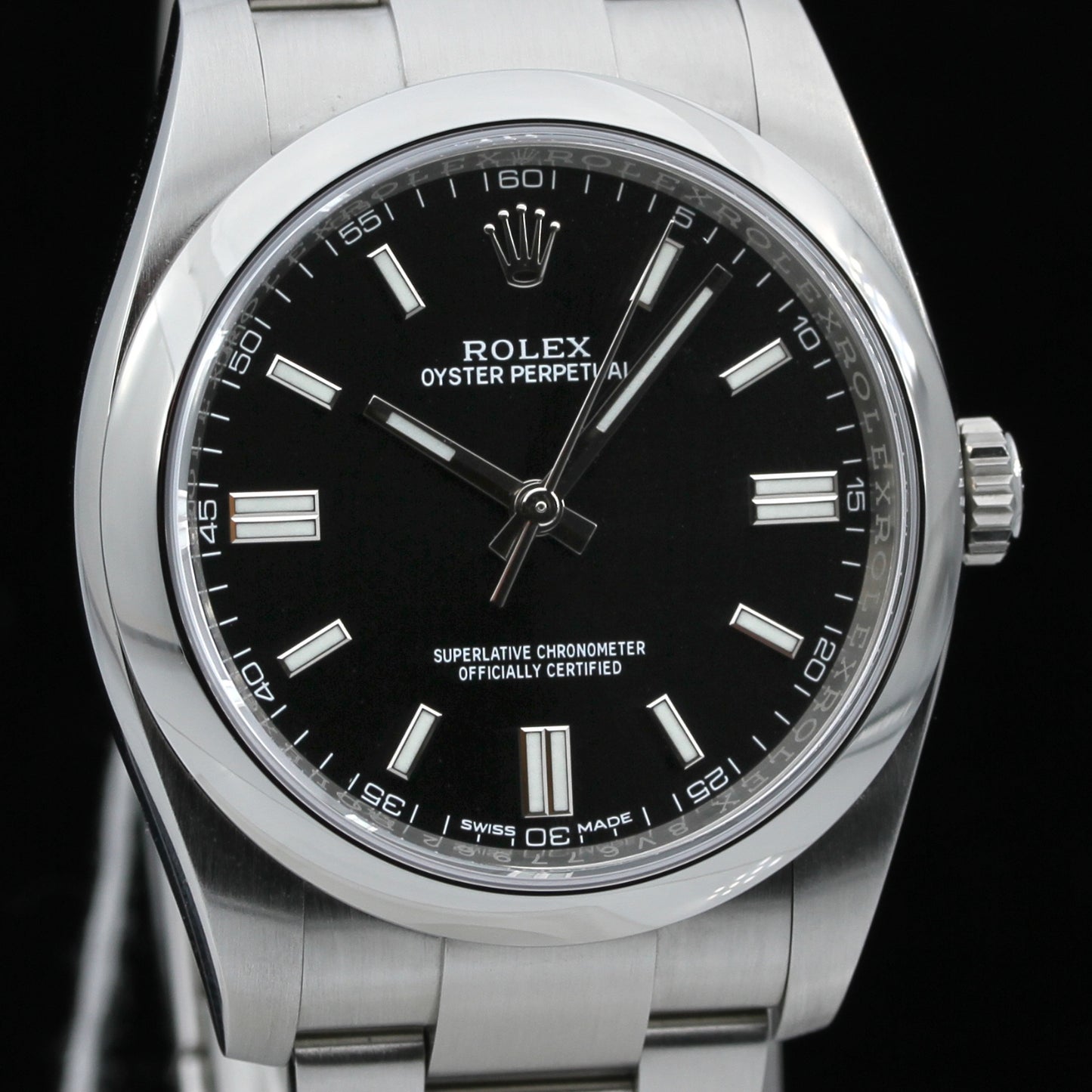 Rolex Oyster Perpetual 36, Modell 116000, schwarzes Zifferblatt, B+P
