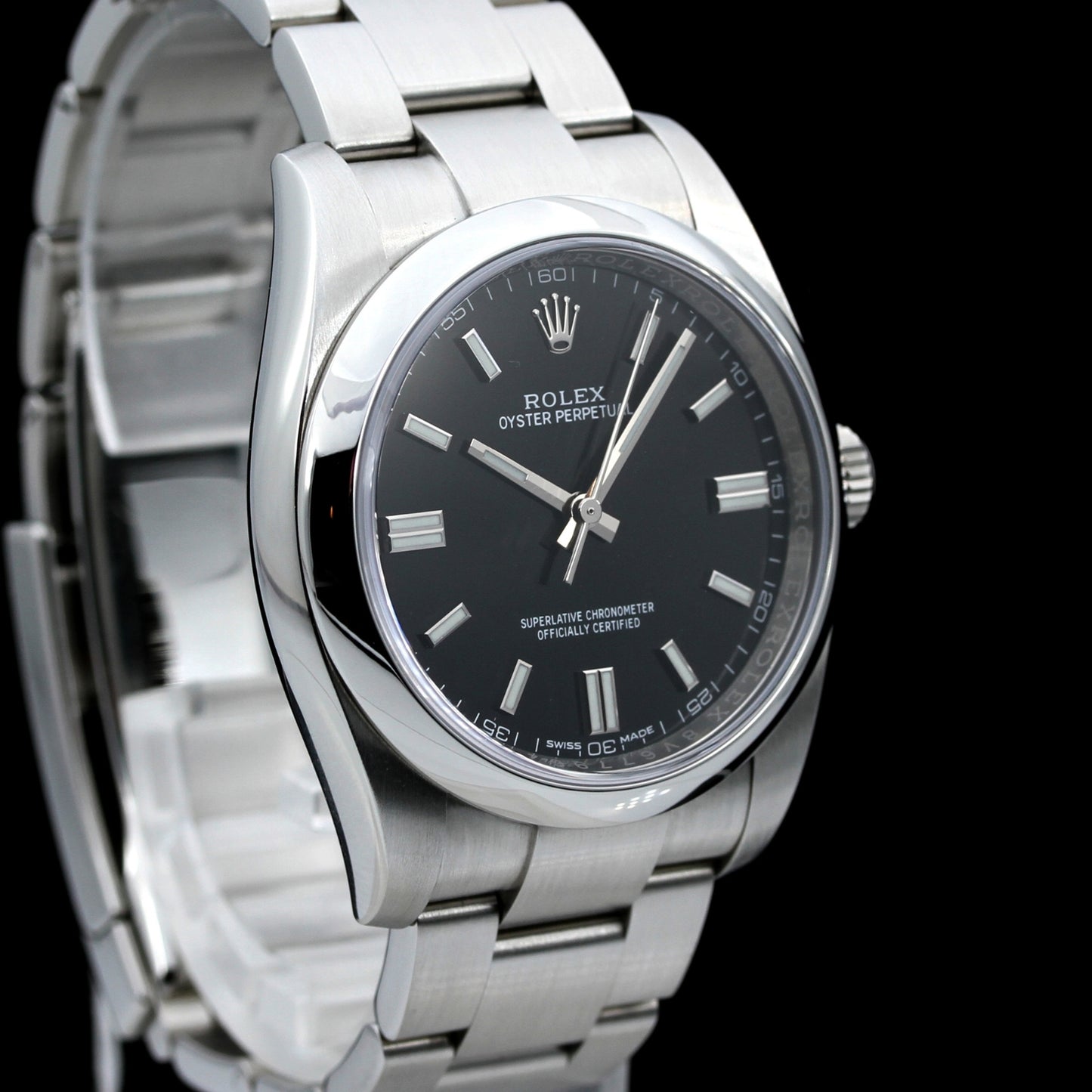Rolex Oyster Perpetual 36, Modell 116000, schwarzes Zifferblatt, B+P