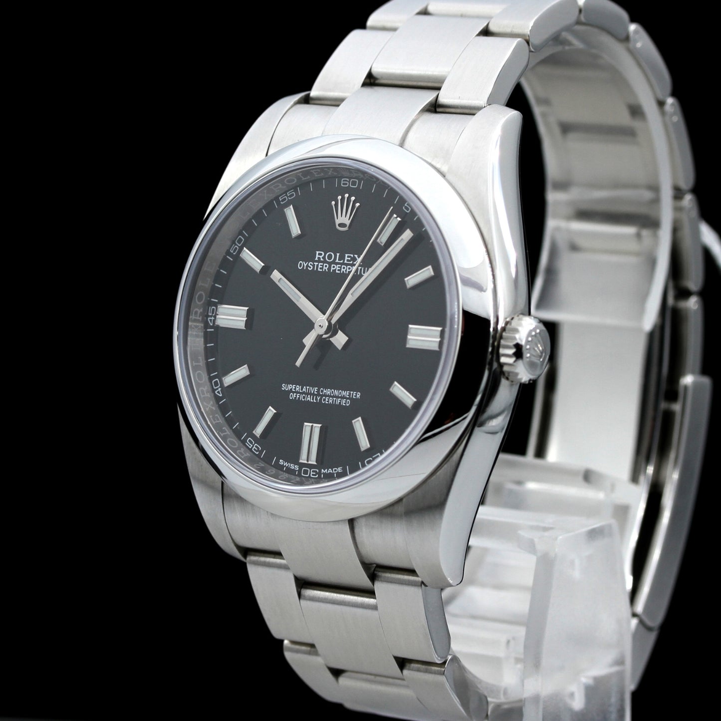 Rolex Oyster Perpetual 36, Modell 116000, schwarzes Zifferblatt, B+P