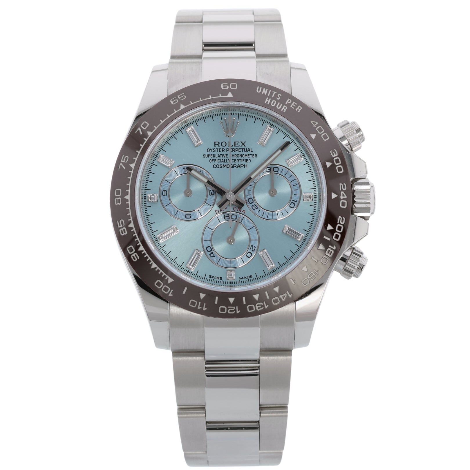 Rolex Daytona Platin, Ice Blue Dial, Baguette - Diamantindizes, Ref. 116506, 2022/Ungetragen, B+P