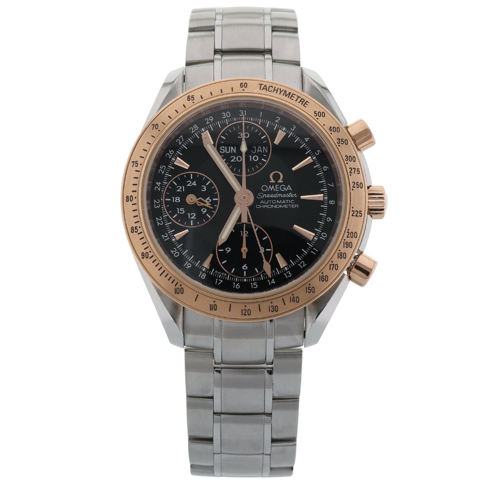 Omega Speedmaster Date / Day‑Date, Black Dial, Rotgold, Ref. 323.21.40.44.01.001, ohne B+P
