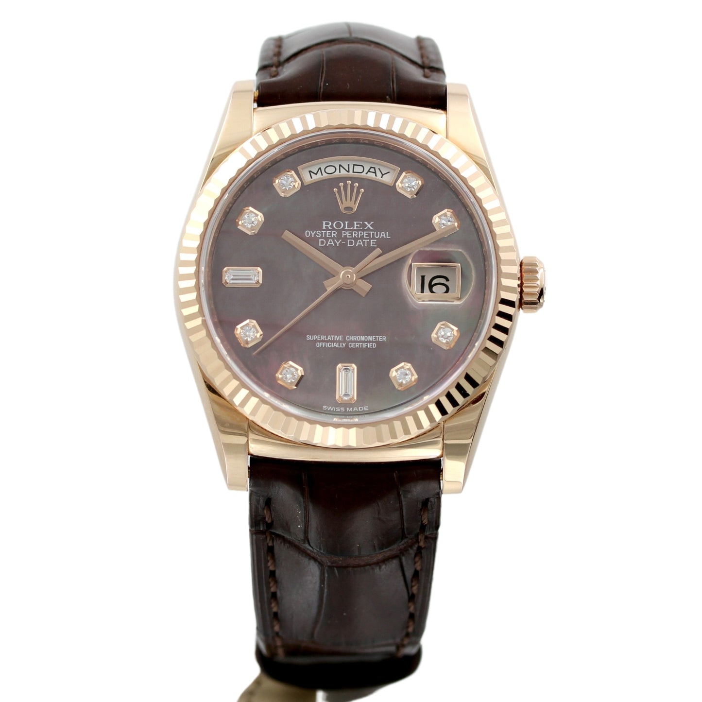 Rolex Day-Date 36, Everose Gold, Chocolate MOP Perlmutt, Ref. 118135, B+P