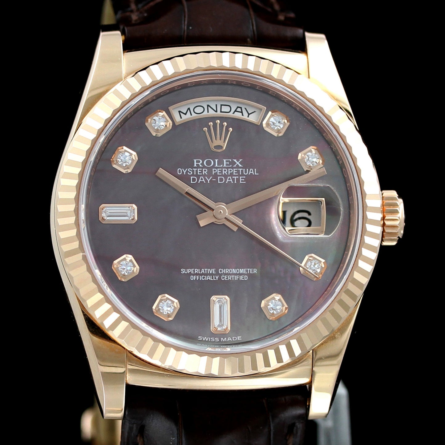 Rolex Day-Date 36, Everose Gold, Chocolate MOP Perlmutt, Ref. 118135, B+P