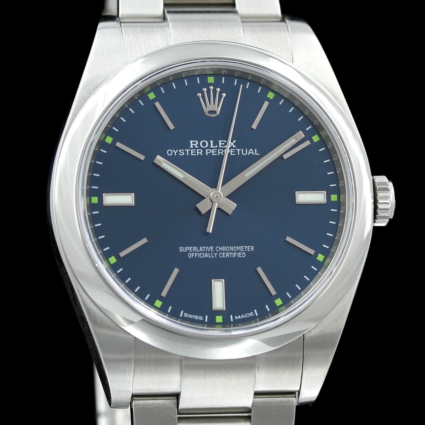 Rolex Oyster Perpetual 39, blue dial, Ref. 114300, B+P