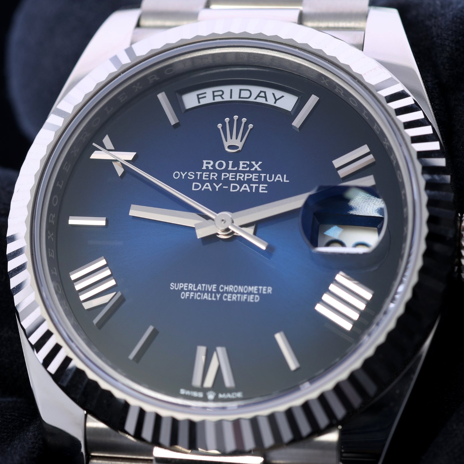 Rolex Day-Date 40, Whitegold, Ombre Blue Dial, Ref. 228239, 12-2024, B+P