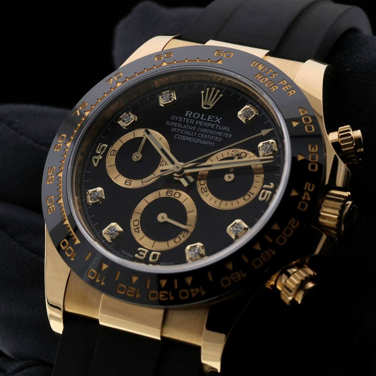 Rolex Daytona Cosmograph, Black Diamond Dial, Gelbgold, Ref. 116518LN, 2022, B+P