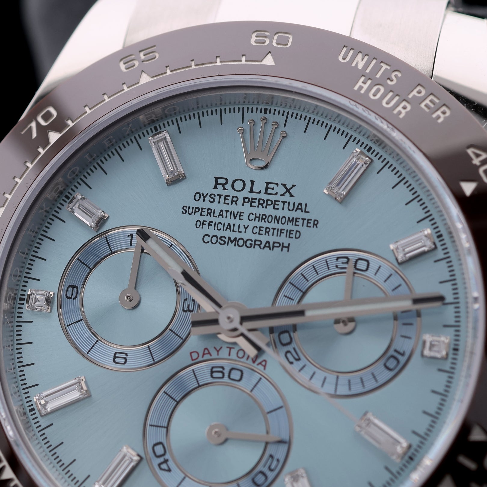 Rolex Daytona Platin, Ice Blue Dial, Baguette - Diamantindizes, Ref. 116506, 2022/Ungetragen, B+P