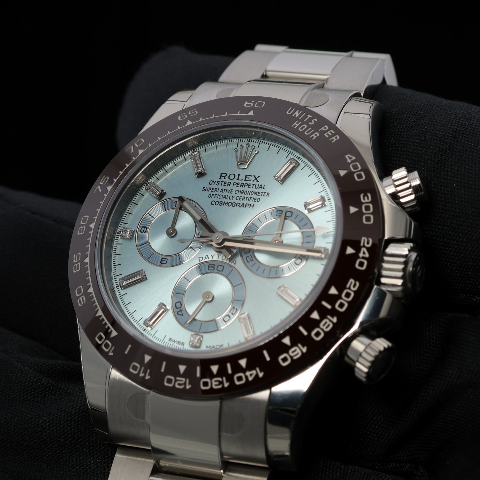 Rolex Daytona Platin, Ice Blue Dial, Baguette, Full Sticker, Ref. 116506, 2022, B+P
