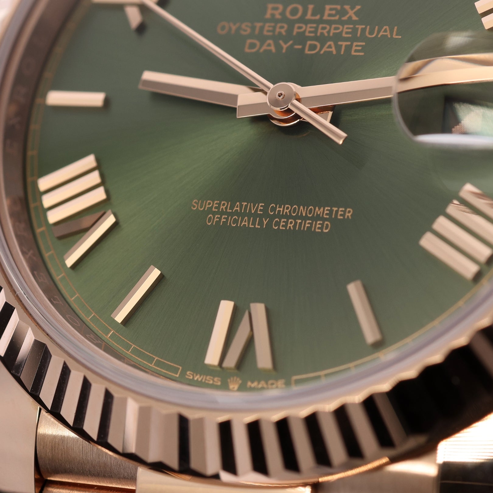 Rolex Day-Date 40, Everose Gold, Olive Green Dial, Ref. 228235, 2023, B+P