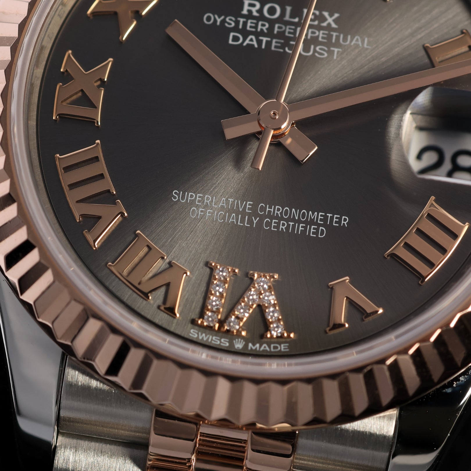 Rolex Datejust 31, Schiefergrau mit Diamanten, Jubilee, Ref. 278271, 2024 B+P