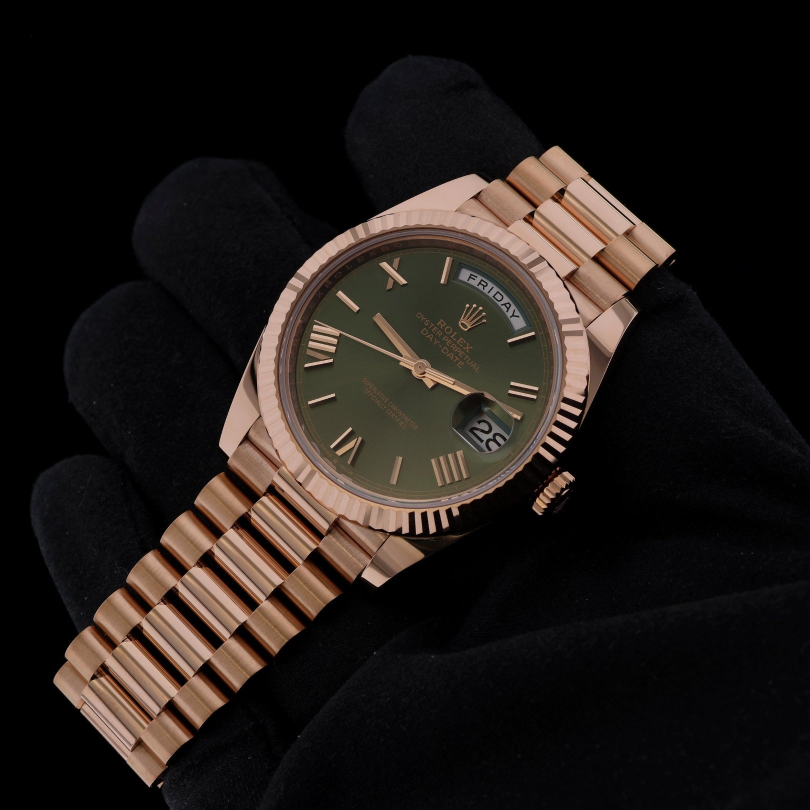 Rolex Day-Date 40, Everose Gold, Olive Green Dial, Ref. 228235, 2023, B+P
