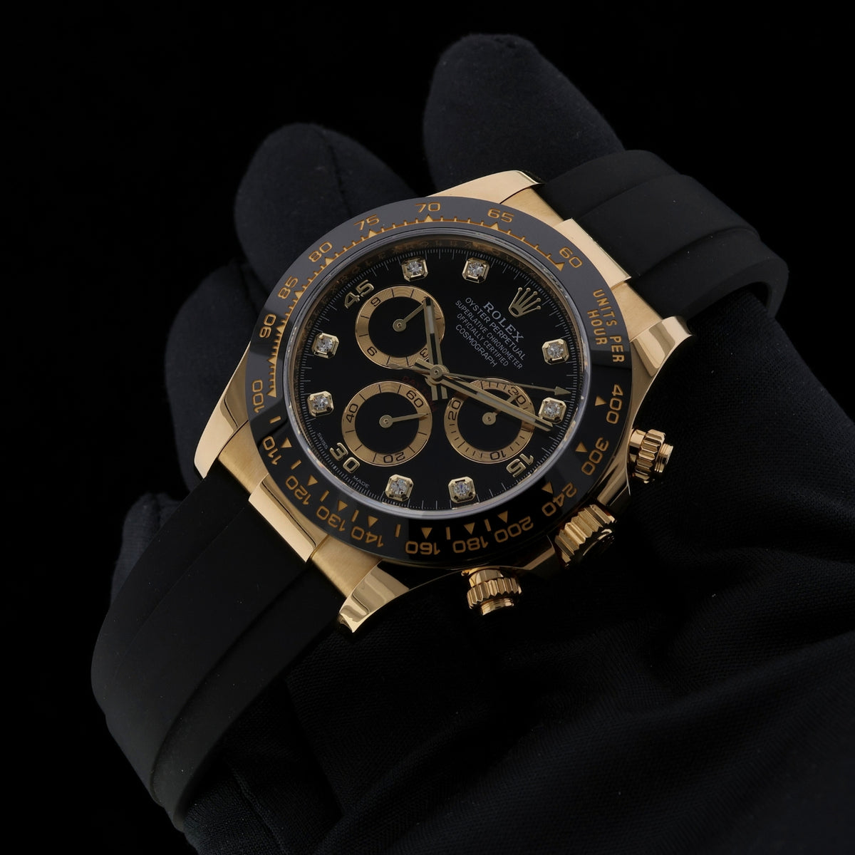 Rolex Daytona Cosmograph, Black Diamond Dial, Gelbgold, Ref. 116518LN, 2022, B+P