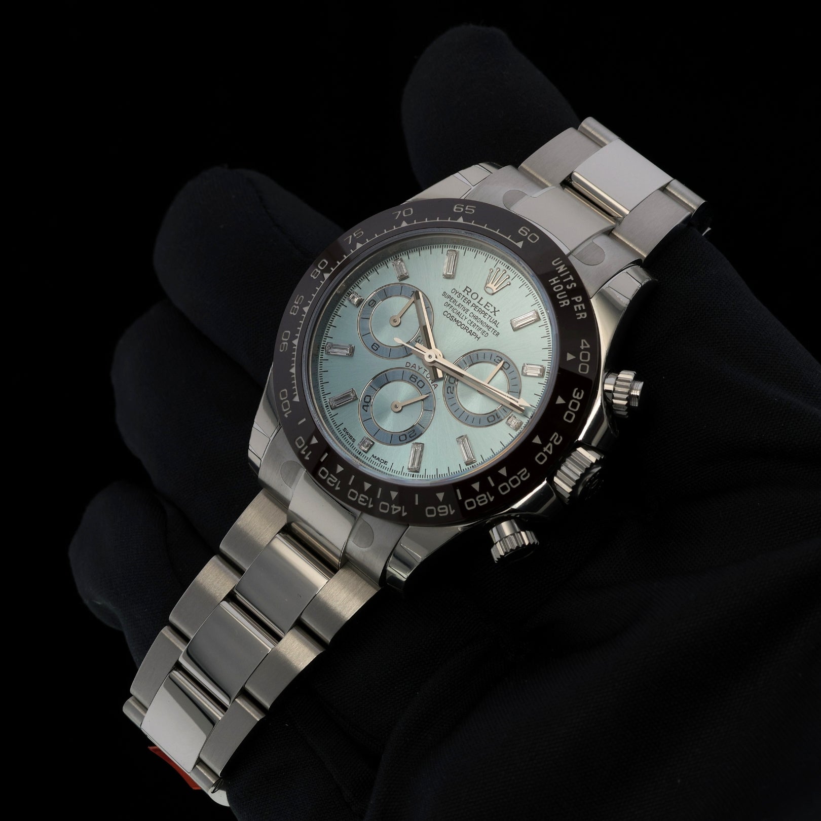 Rolex Daytona Platin, Ice Blue Dial, Baguette, Full Sticker, Ref. 116506, 2022, B+P