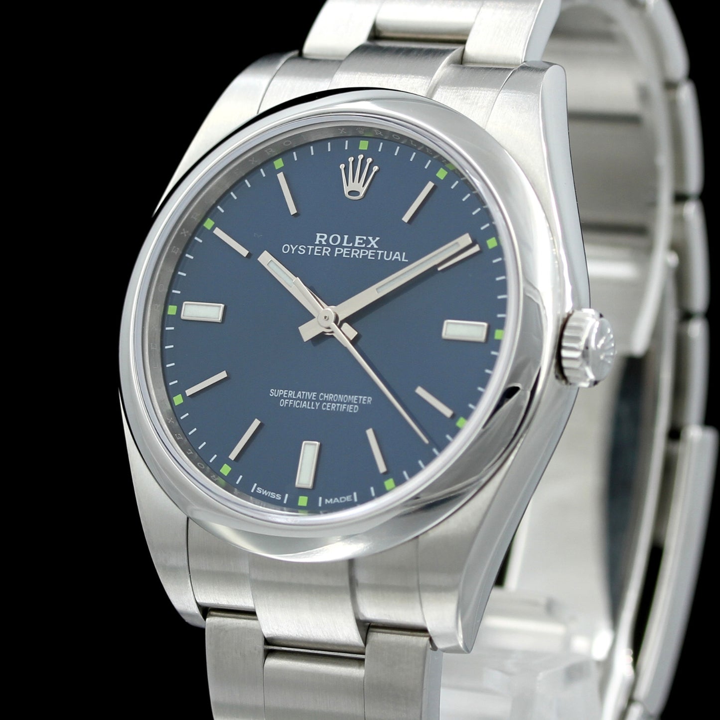 Rolex Oyster Perpetual 39, blue dial, Ref. 114300, B+P