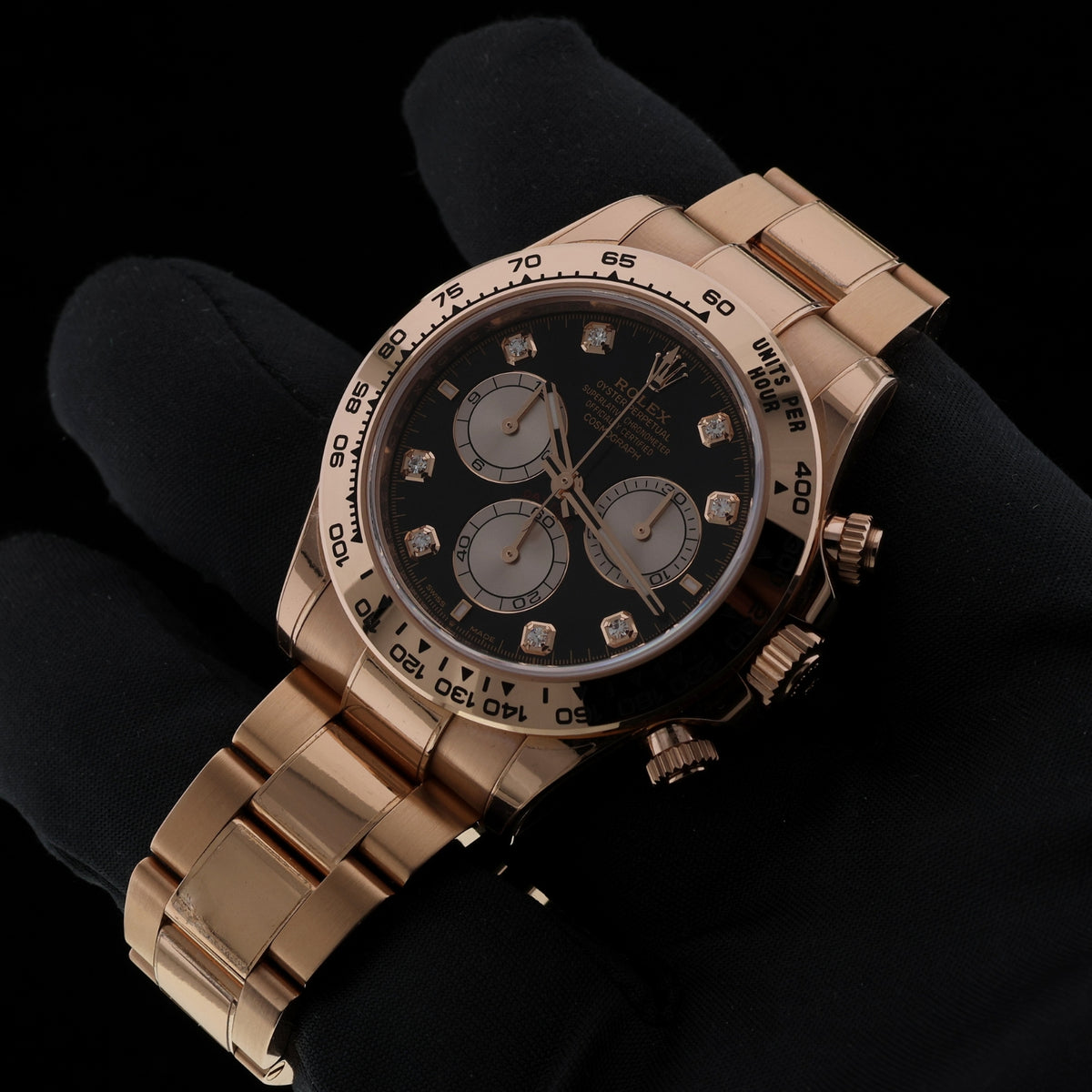 Rolex Daytona Cosmograph, Black Diamond Dial, Rosegold, Ref. 126505, 2024, B+P