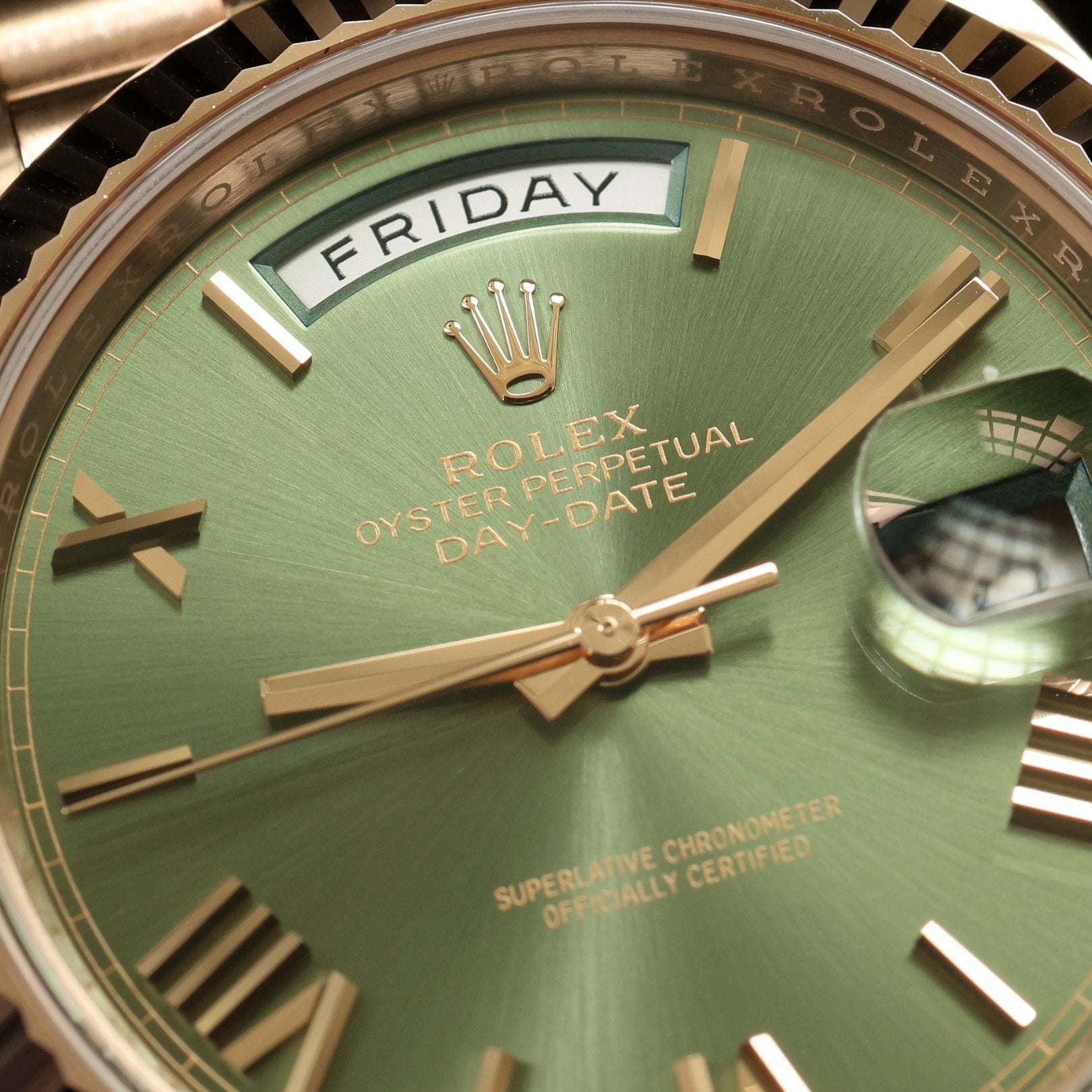 Rolex Day-Date 40, Everose Gold, Olive Green Dial, Ref. 228235, 2023, B+P