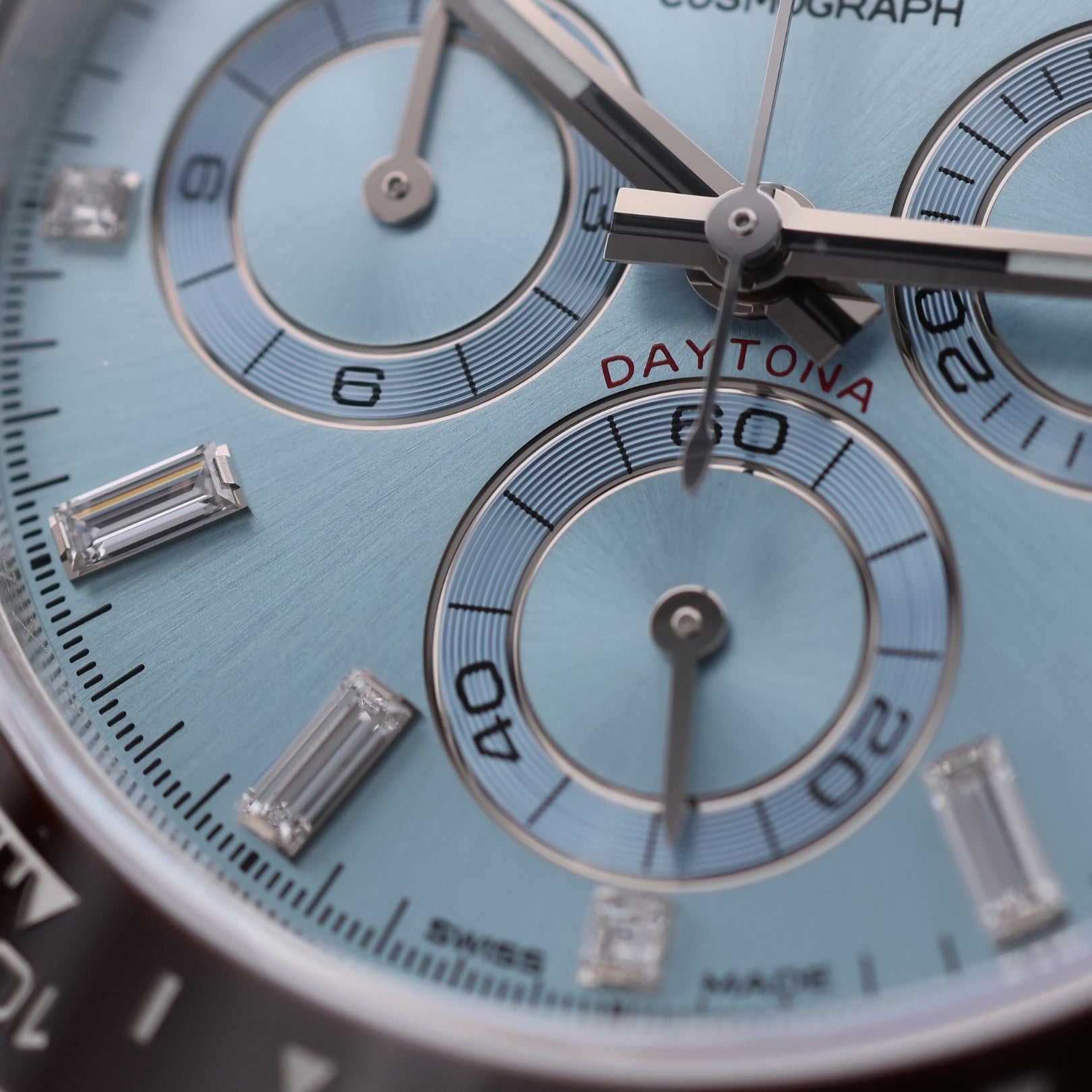 Rolex Daytona Platin, Ice Blue Dial, Baguette - Diamantindizes, Ref. 116506, 2022/Ungetragen, B+P