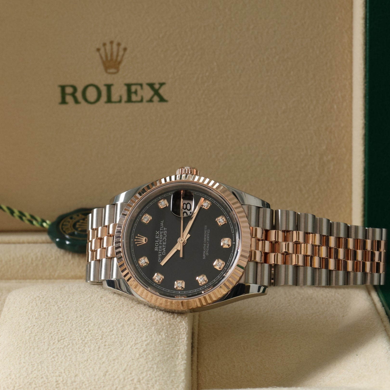 Rolex Datejust 36, Black Diamond Dial, Everose Gold, Jubilee, Ref. 126231, 10-2024, B+P