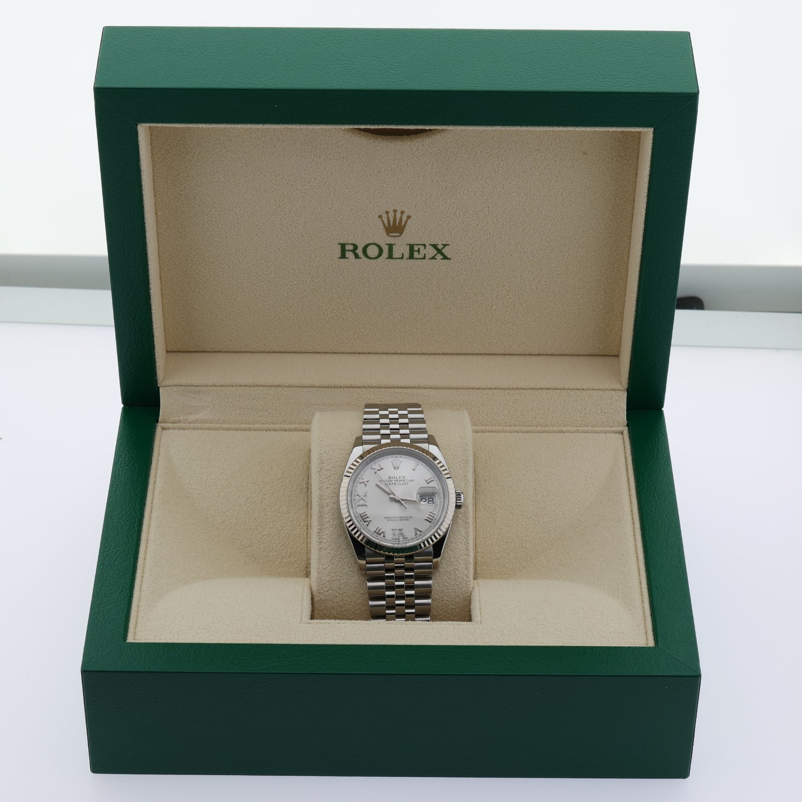 Rolex Datejust 36, Silber mit Diamanten, Jubilee, Ref. 126234, 10-2020, B+P