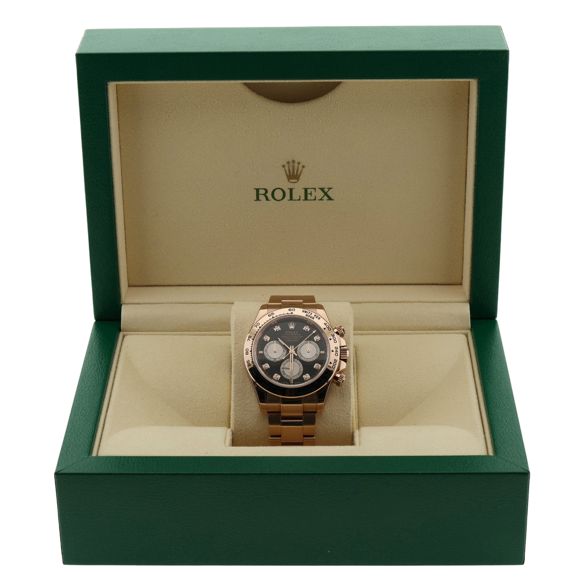 Rolex Daytona Cosmograph, Black Diamond Dial, Rosegold, Ref. 126505, 2024, B+P