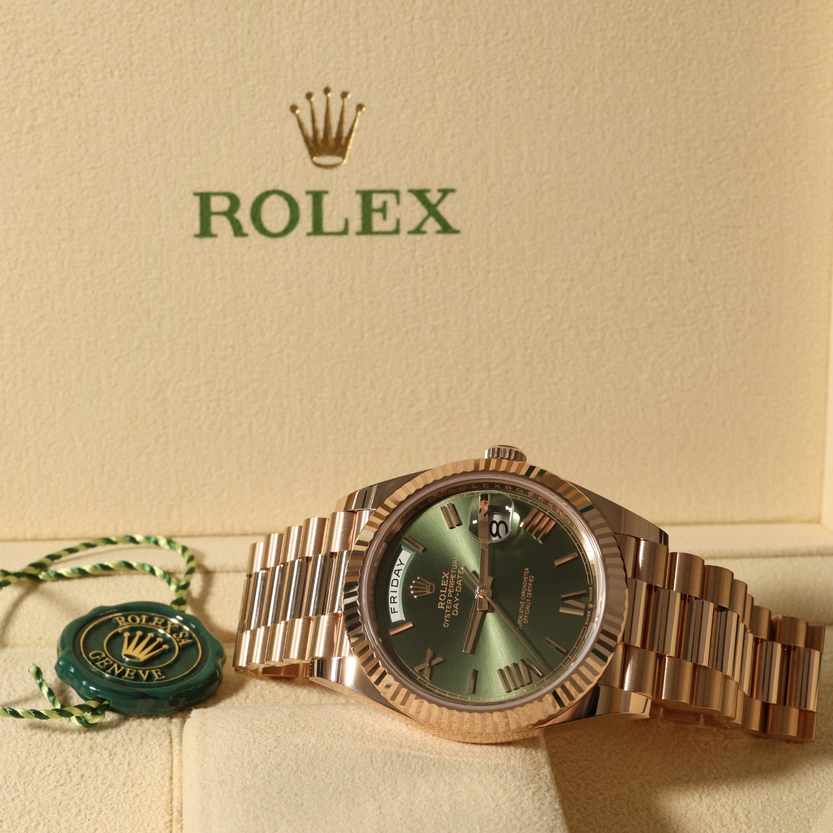 Rolex Day-Date 40, Everose Gold, Olive Green Dial, Ref. 228235, 2023, B+P