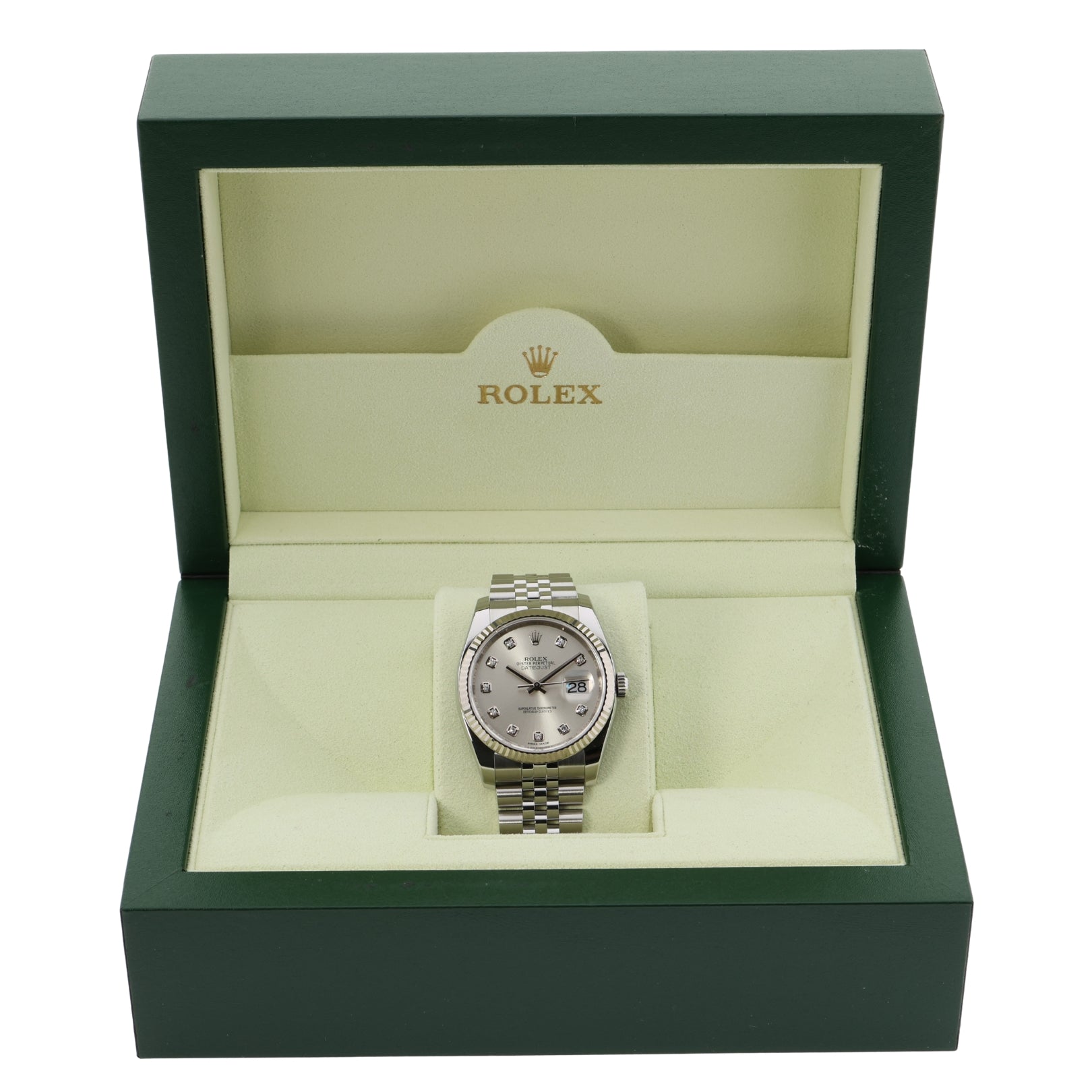 Rolex Datejust 36, Silver Diamond Dial, Jubilee, Ref. 116234, 04-2013, B+P