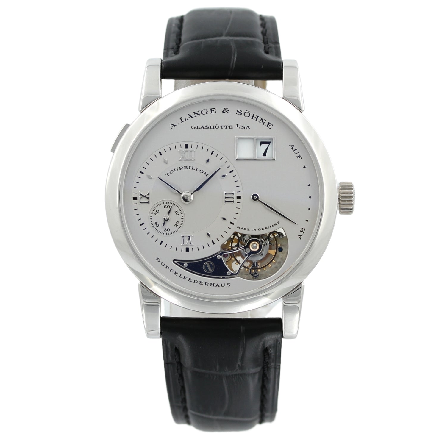 A. Lange & Söhne Lange 1 in Platin, Tourbillon, Limited 1XX of 150, Ref. 704.025, ALS-Service 08-2023, Box+Papiere - LUXUHRIA