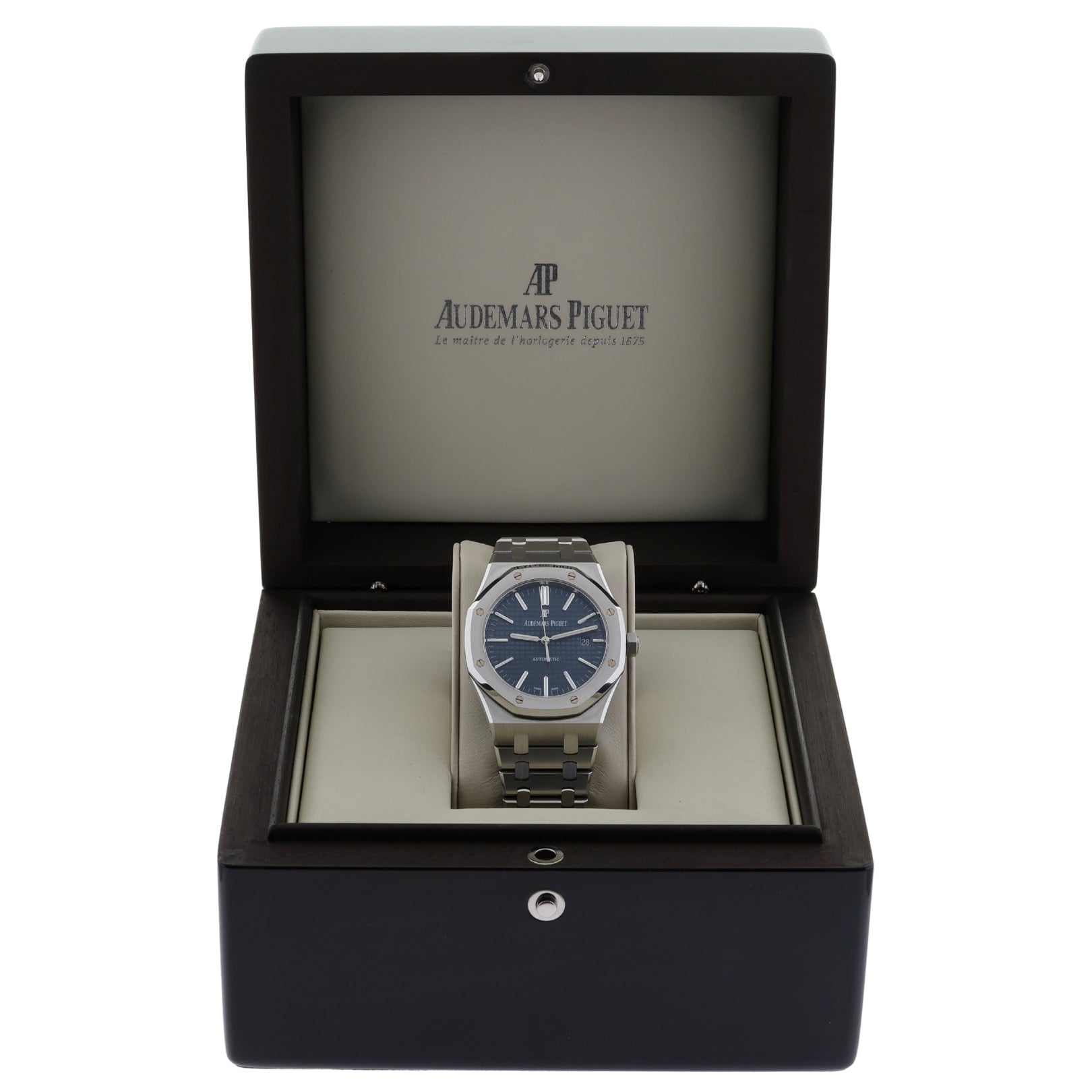 Audemars Piguet Royal Oak Selfwinding, Blue Dial, Ref. 15400ST.OO.1220ST.03, 11 - 2015, B+P - LUXUHRIA