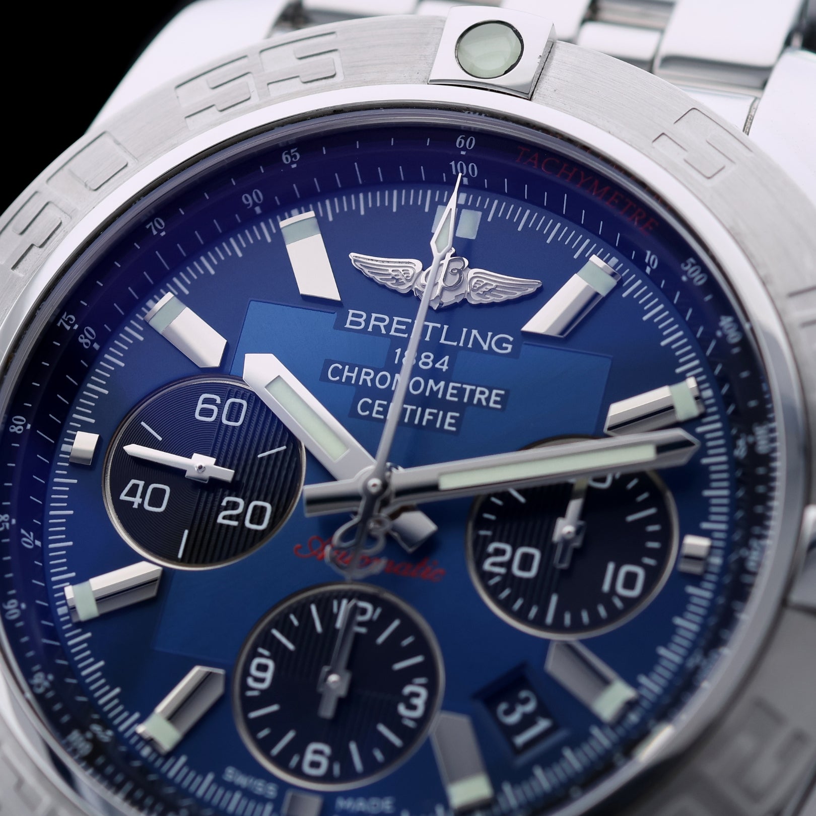 Breitling Chronomat 44 Blue, Edelstahl, Stahlband, Ref. AB0110, B+P - LUXUHRIA