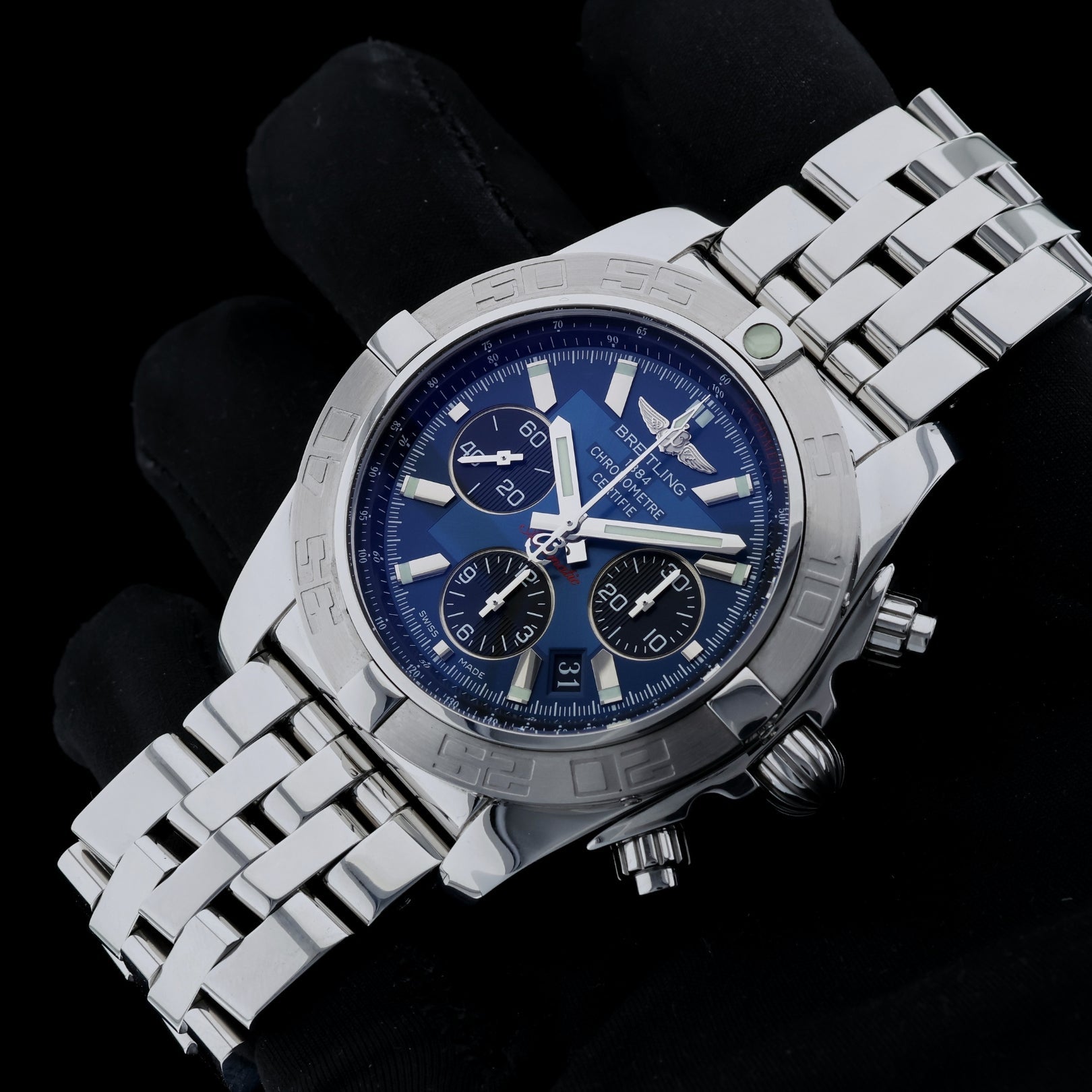 Breitling Chronomat 44 Blue, Edelstahl, Stahlband, Ref. AB0110, B+P - LUXUHRIA