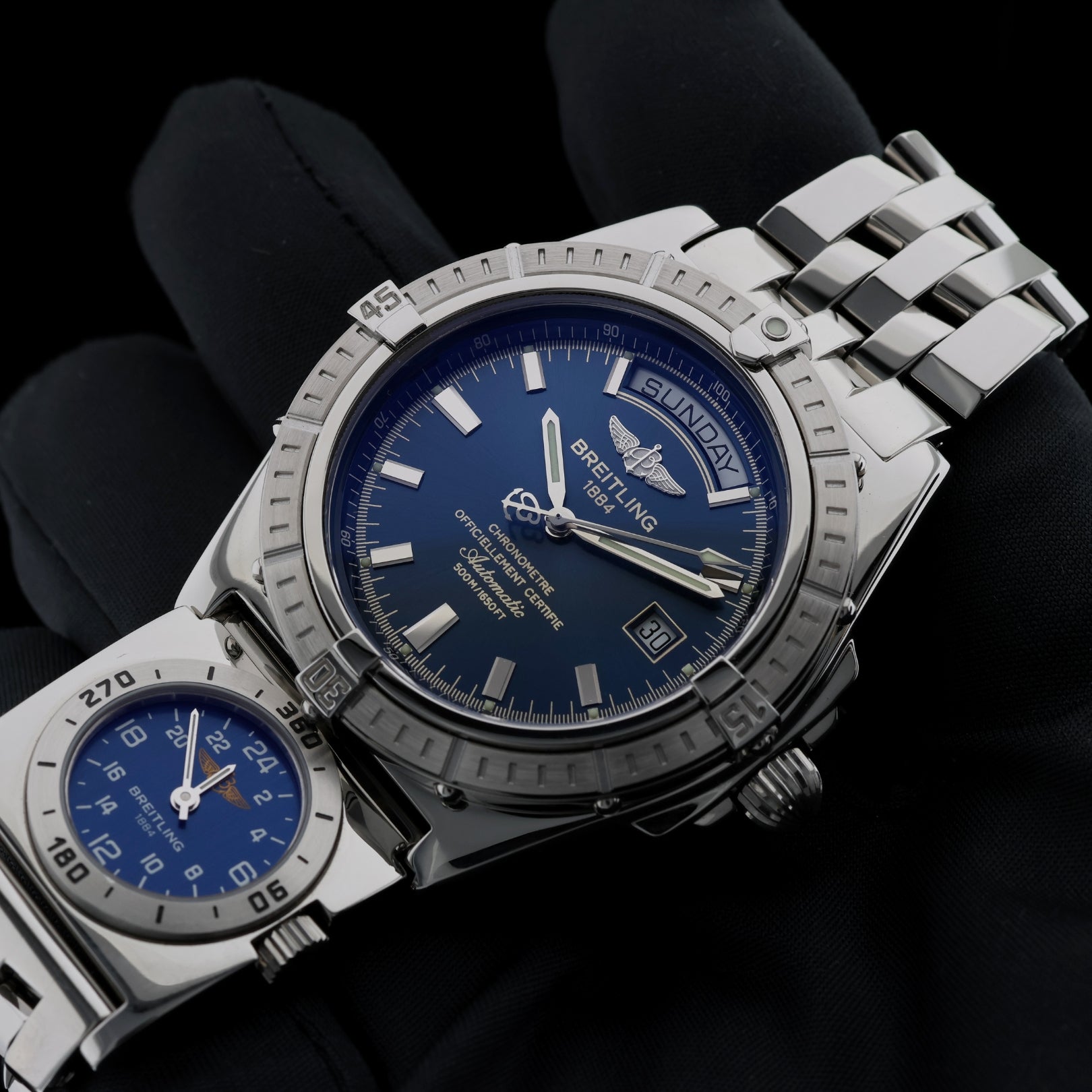 Breitling Headwind Date Day, UTC, Pilot Bracelet, Co - Pilot, Edelstahl, Blue Dial, Ref. A45355, mit Box - LUXUHRIA