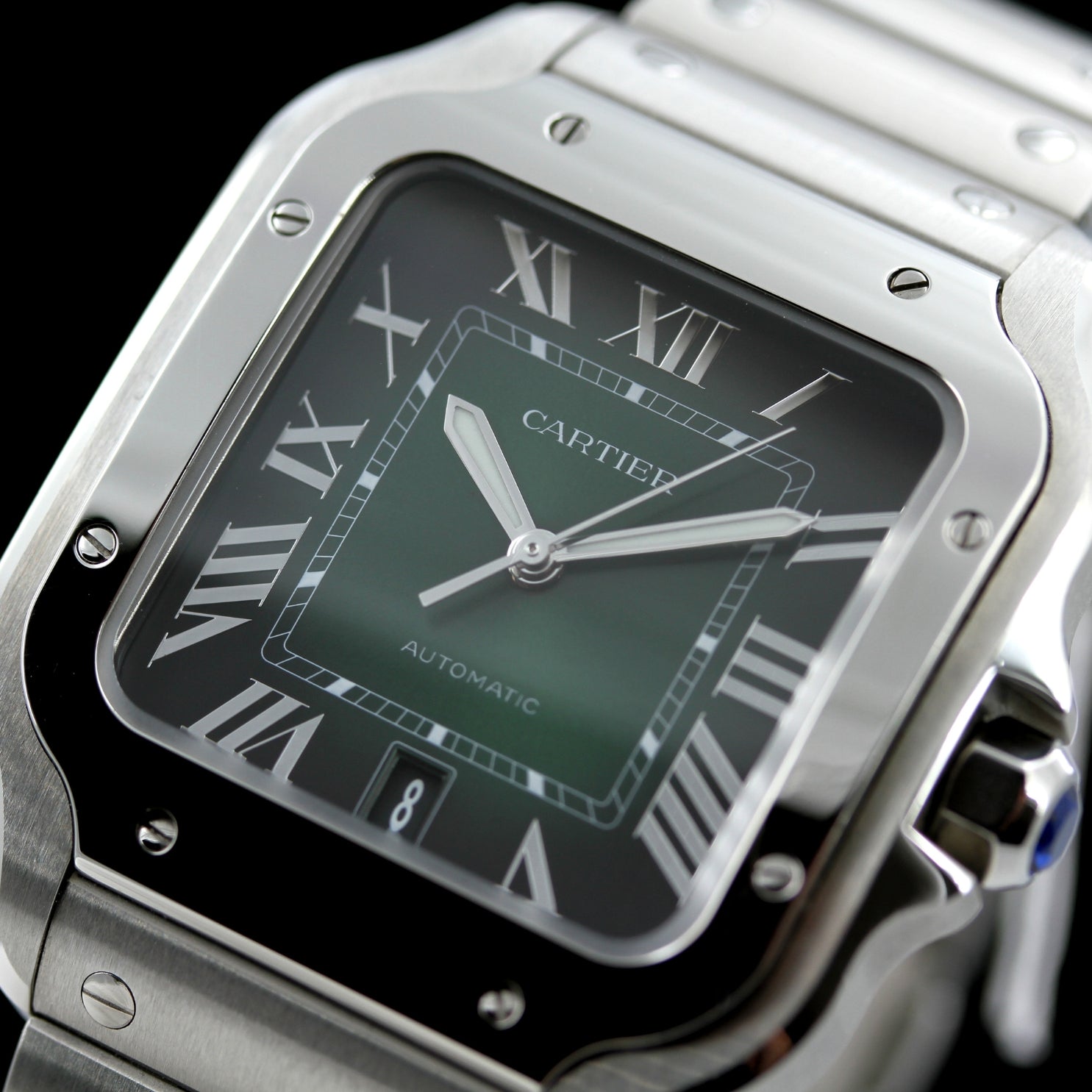 Cartier Santos de Cartier Large, großes Modell, Grün, 39.8x47.5 mm, Ref. WSSA0062, 10 - 2023, B+P - LUXUHRIA