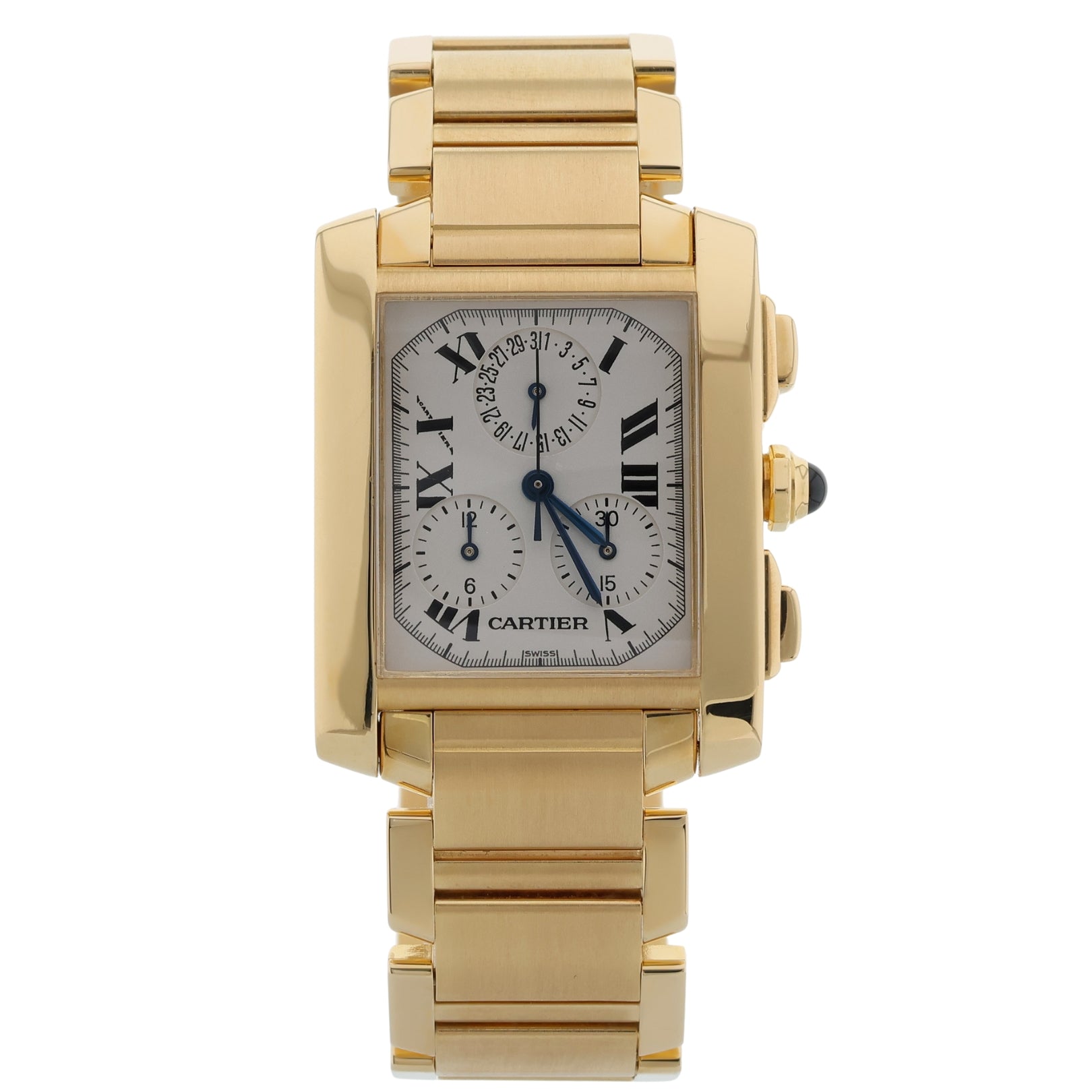 Cartier Tank Française Chronoflex, Chronograph, Gelbgold, 28x36mm, Cartier - Service 2023, Ref. 1830, B+P - LUXUHRIA
