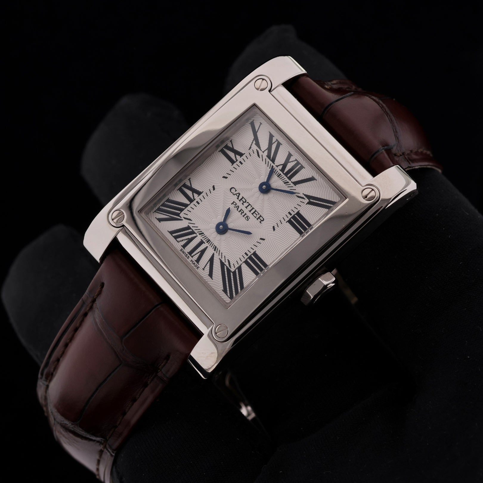 Cartier Tank Vis Dual Time, Weißgold, Lederarmband, Ref. W1534351, mit Box - LUXUHRIA