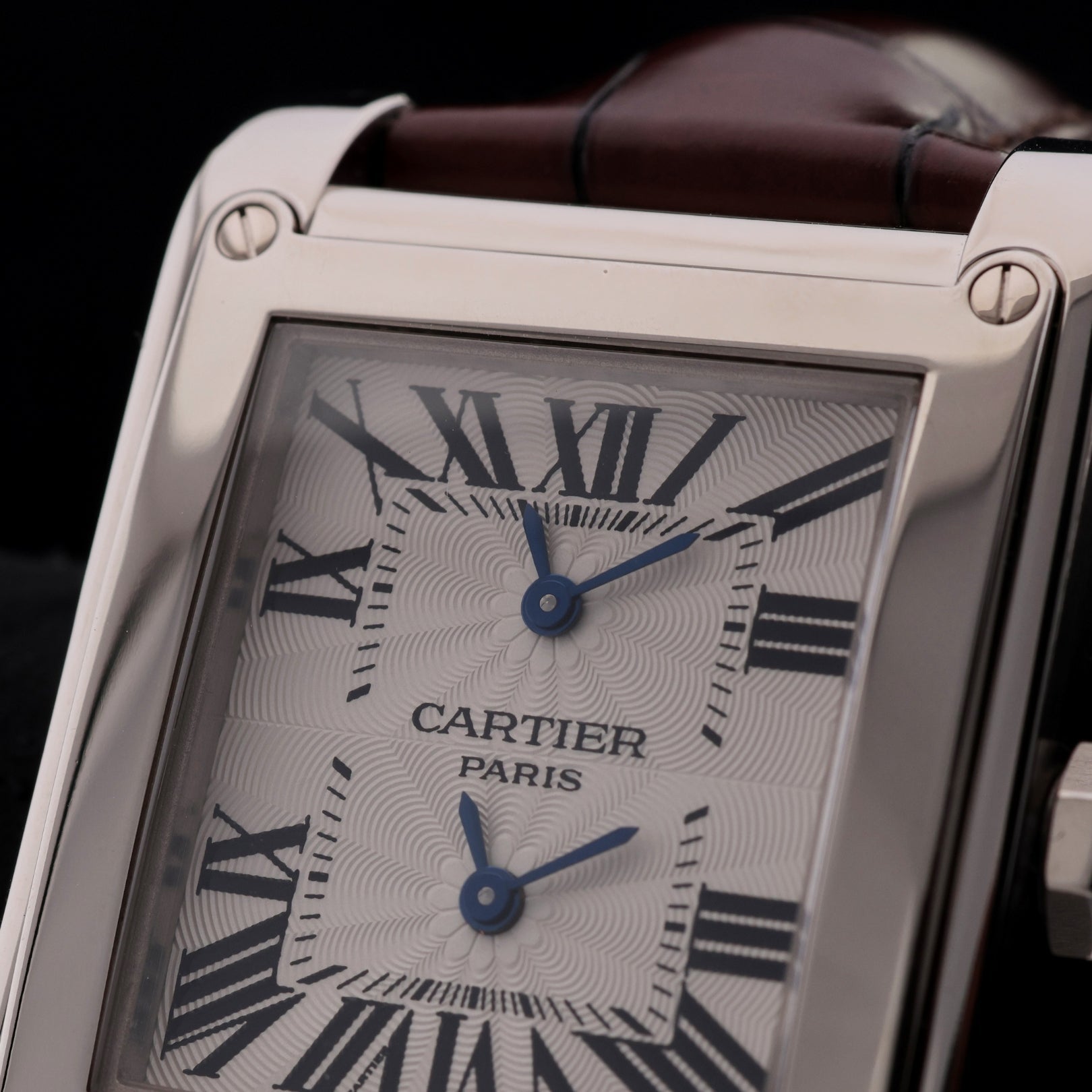 Cartier Tank Vis Dual Time, Weißgold, Lederarmband, Ref. W1534351, mit Box - LUXUHRIA