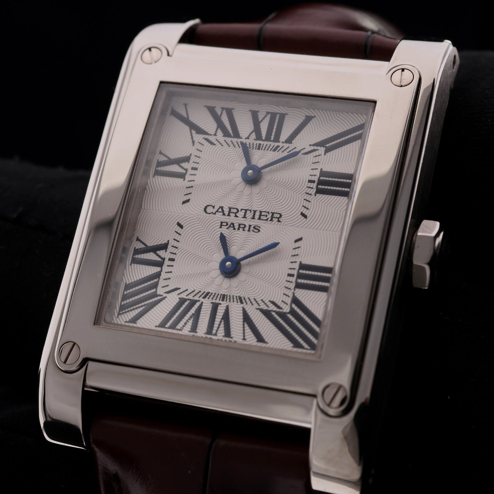 Cartier Tank Vis Dual Time, Weißgold, Lederarmband, Ref. W1534351, mit Box - LUXUHRIA