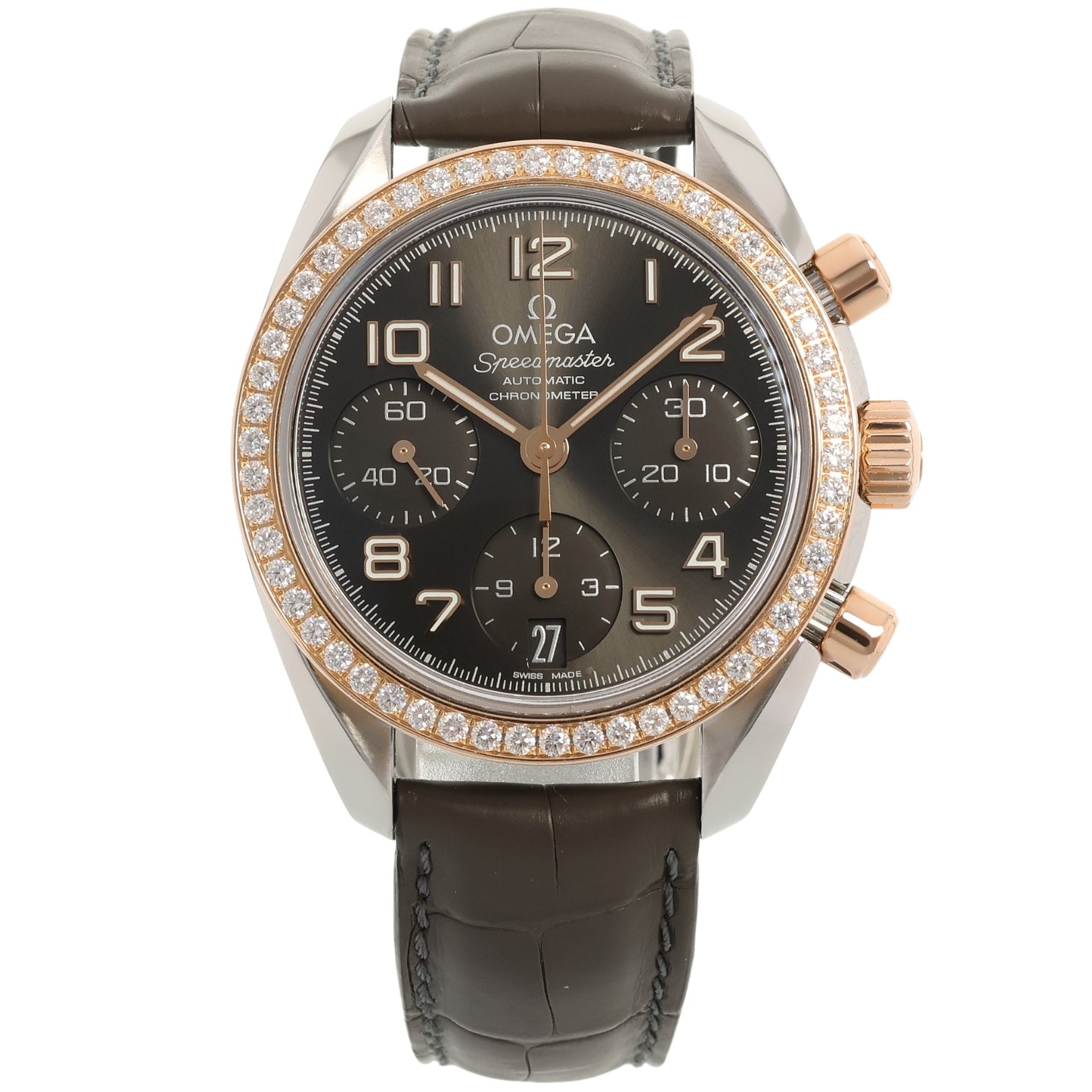 Omega Speedmaster Chronograph 38mm, Diamantlünette, Ref. 324.28.38.40.06.001, Box + Papieren - LUXUHRIA