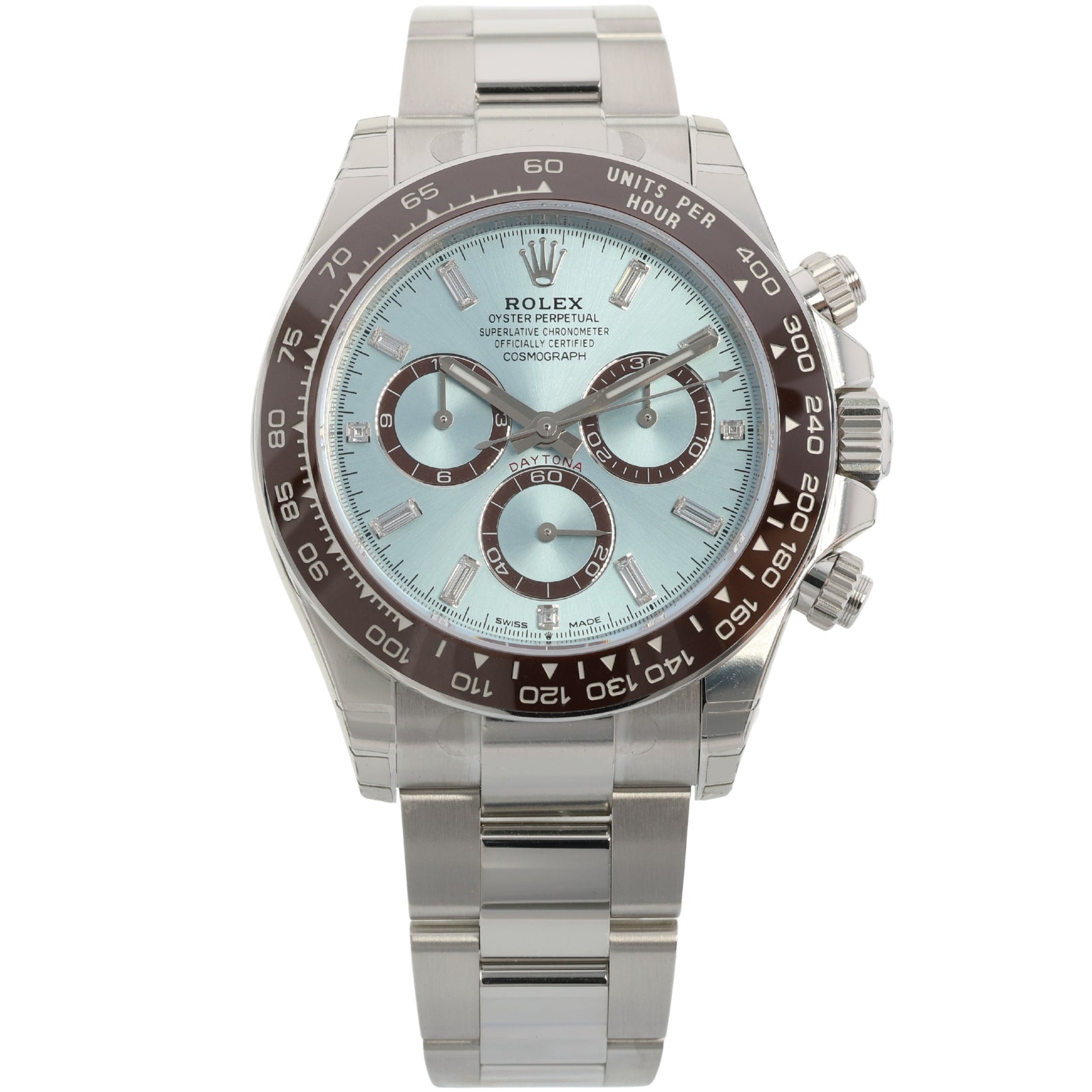 Rolex Cosmograph Daytona Platin, Baguette Diamonds, Ice Blue Dial, Fullsticker, Ref. 126506, 2025, B+P - LUXUHRIA