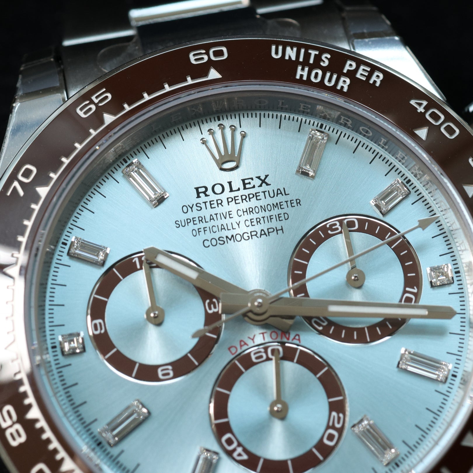 Rolex Cosmograph Daytona Platin, Baguette Diamonds, Ice Blue Dial, Fullsticker, Ref. 126506, 2025, B+P - LUXUHRIA
