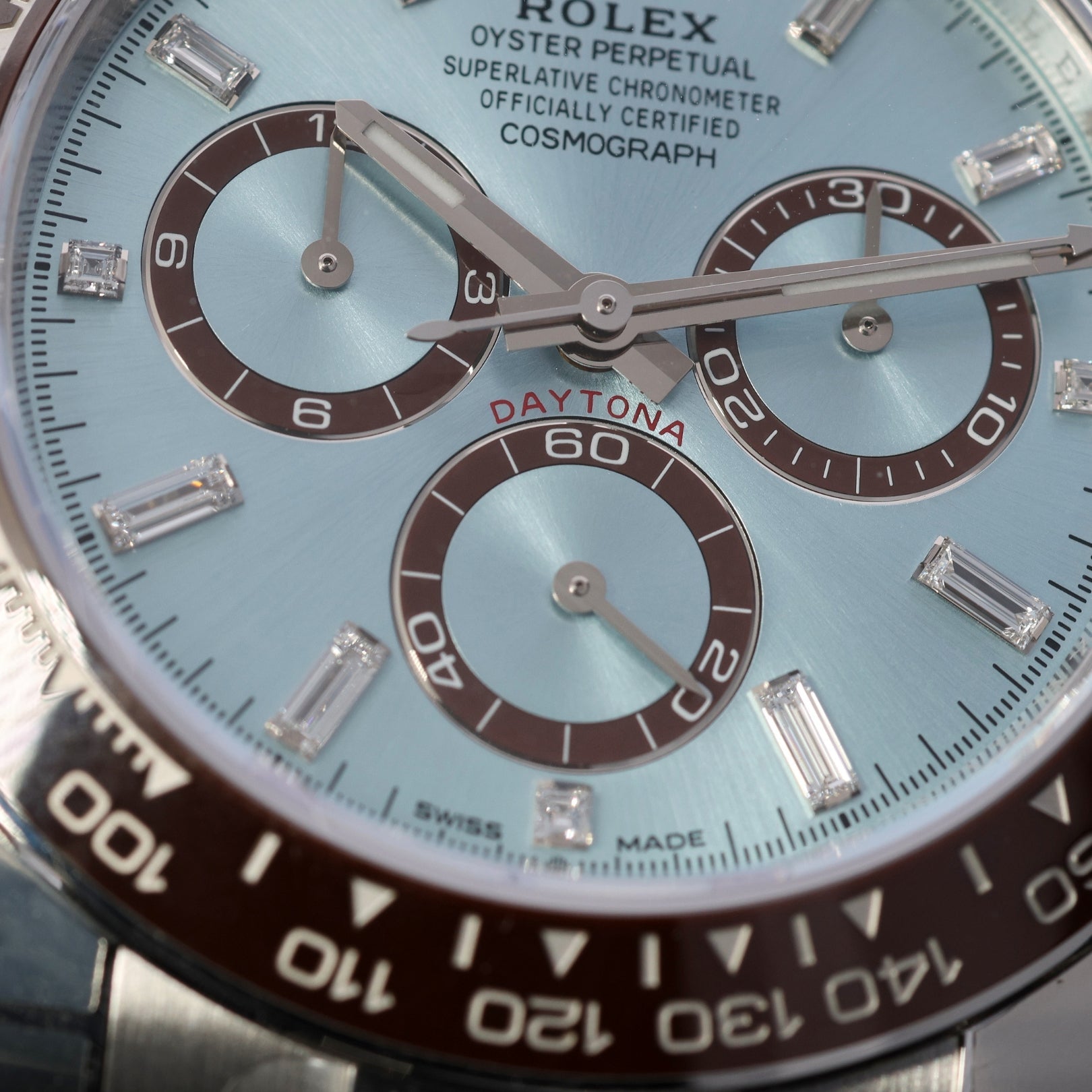 Rolex Cosmograph Daytona Platin, Baguette Diamonds, Ice Blue Dial, Fullsticker, Ref. 126506, 2025, B+P - LUXUHRIA