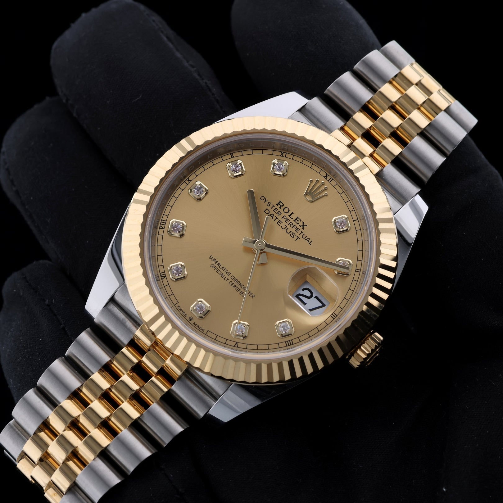 Rolex Datejust 41, Gold/Stahl, Jubilee, Champagner, Diamanten, Ref. 126333, 2024, B+P - LUXUHRIA