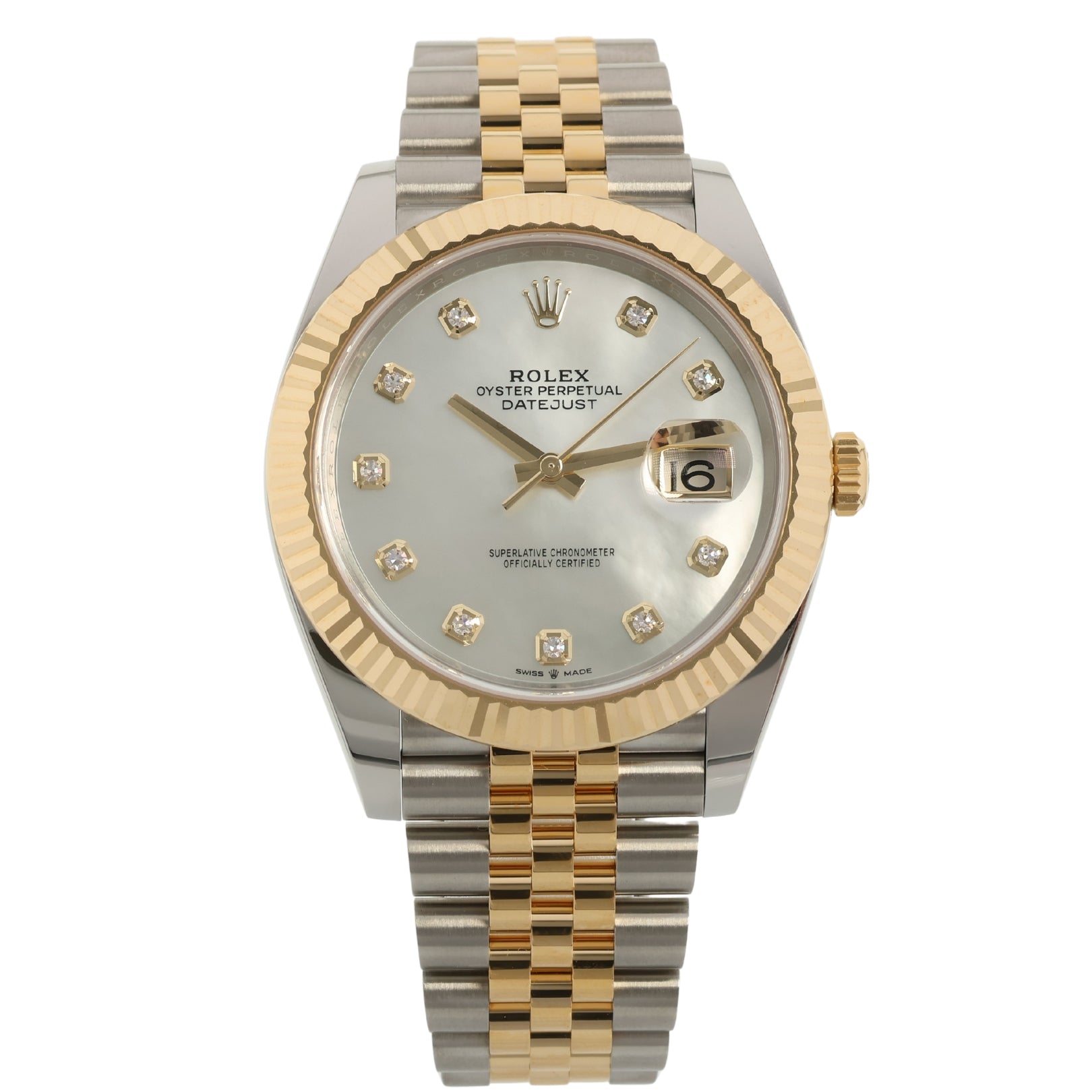 Rolex Datejust 41, Gold/Stahl, Perlmutt Diamanten Zifferblatt, Jubilee, Ref. 126333, 2023, B+P - LUXUHRIA