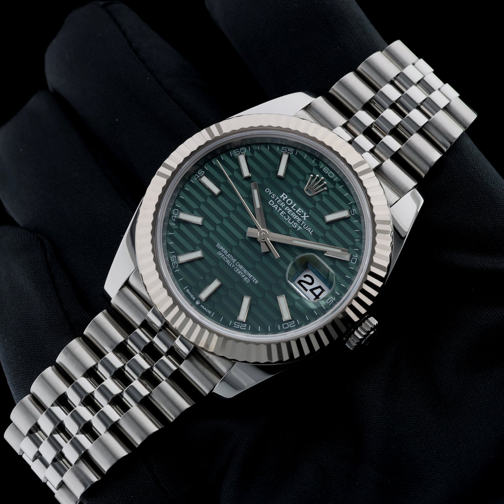 Rolex Datejust 41, Green Motif, Jubilee, Mintgrün/Riffelmuster, Ref. 126334, B+P - LUXUHRIA