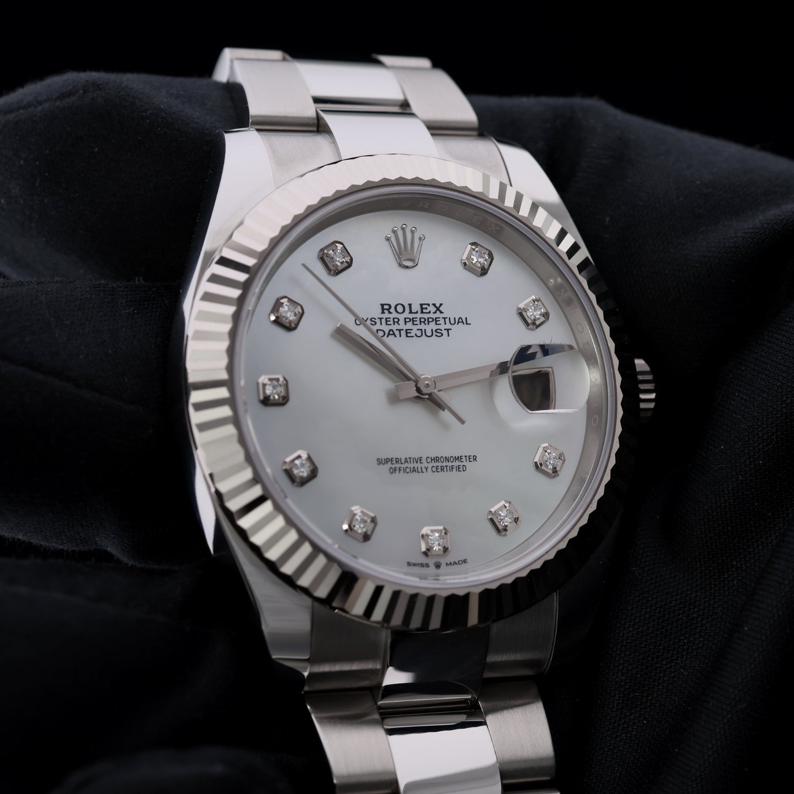 Rolex Datejust 41, Perlmutt Diamanten Zifferblatt, Oyster, Ref. 126334, B+P - LUXUHRIA