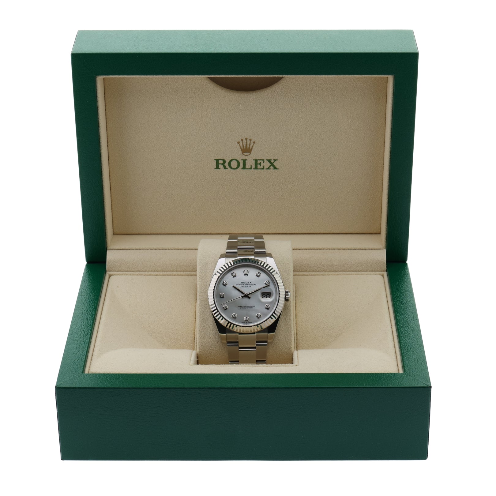 Rolex Datejust 41, Perlmutt Diamanten Zifferblatt, Oyster, Ref. 126334, B+P - LUXUHRIA