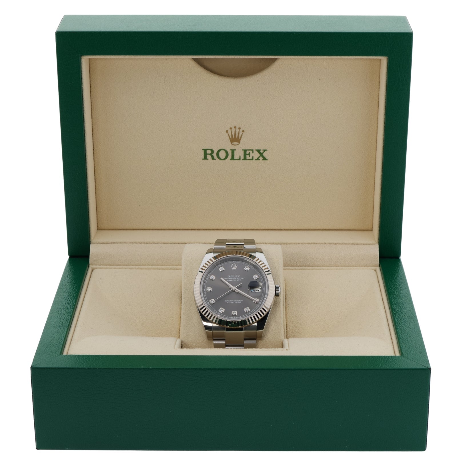 Rolex Datejust 41, Rhodium Brillant, Grau, Brillantbesetzt, Ref. 126334, B+P - LUXUHRIA