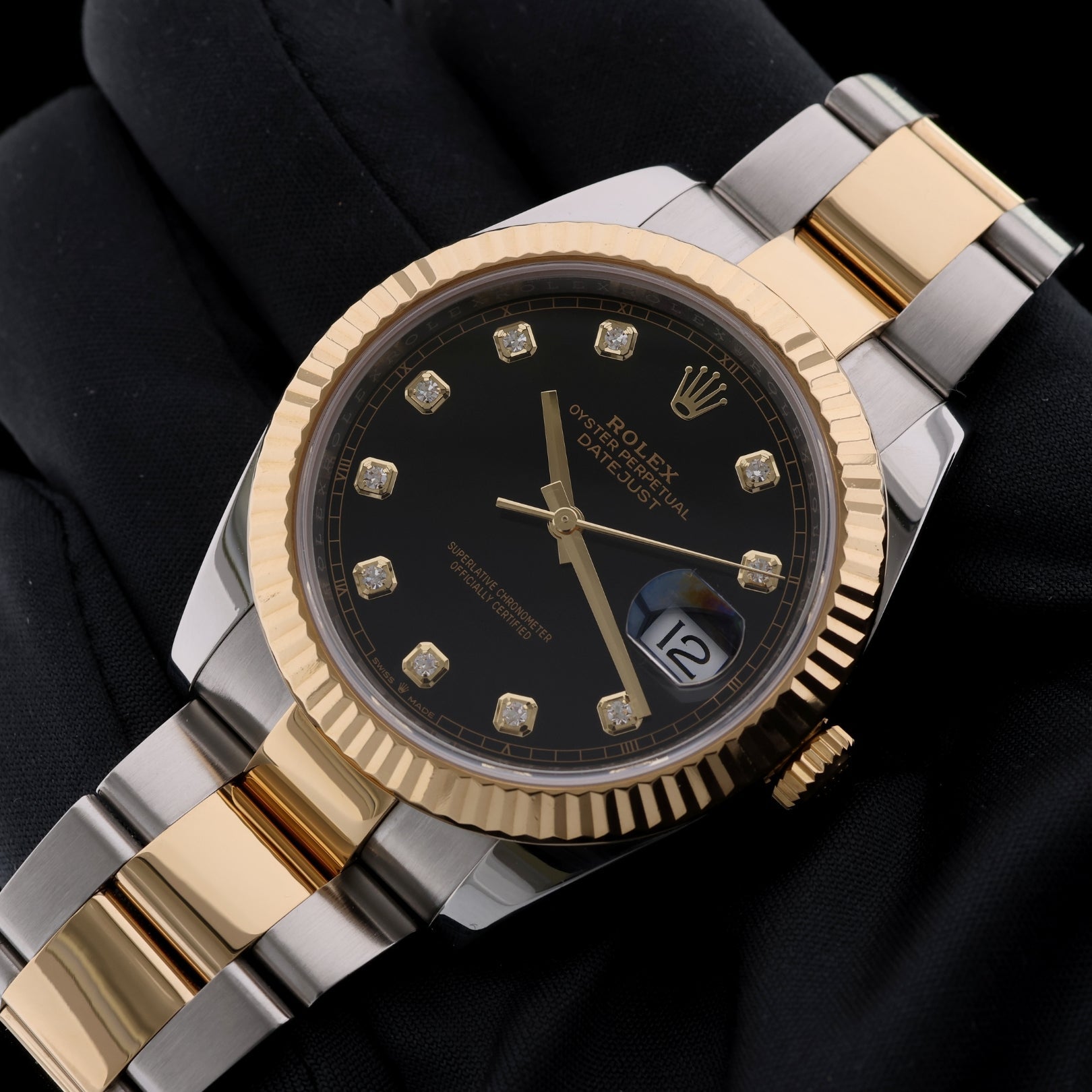 Rolex Datejust 41, Schwarz, Diamantindizes, Rolesor, Ref. 126333, B+P - LUXUHRIA